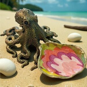 Brass Octopus Handcrafted Shell Ring Dish W/marbled paper Decoupage Design.